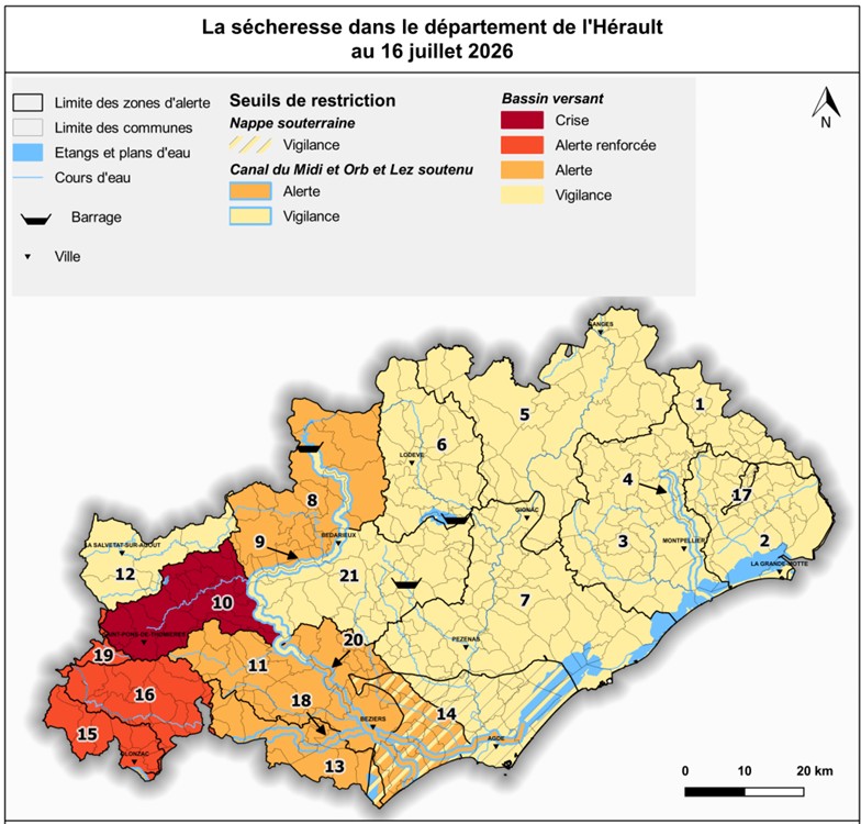Carte sècheresse Hérault juillet 2026